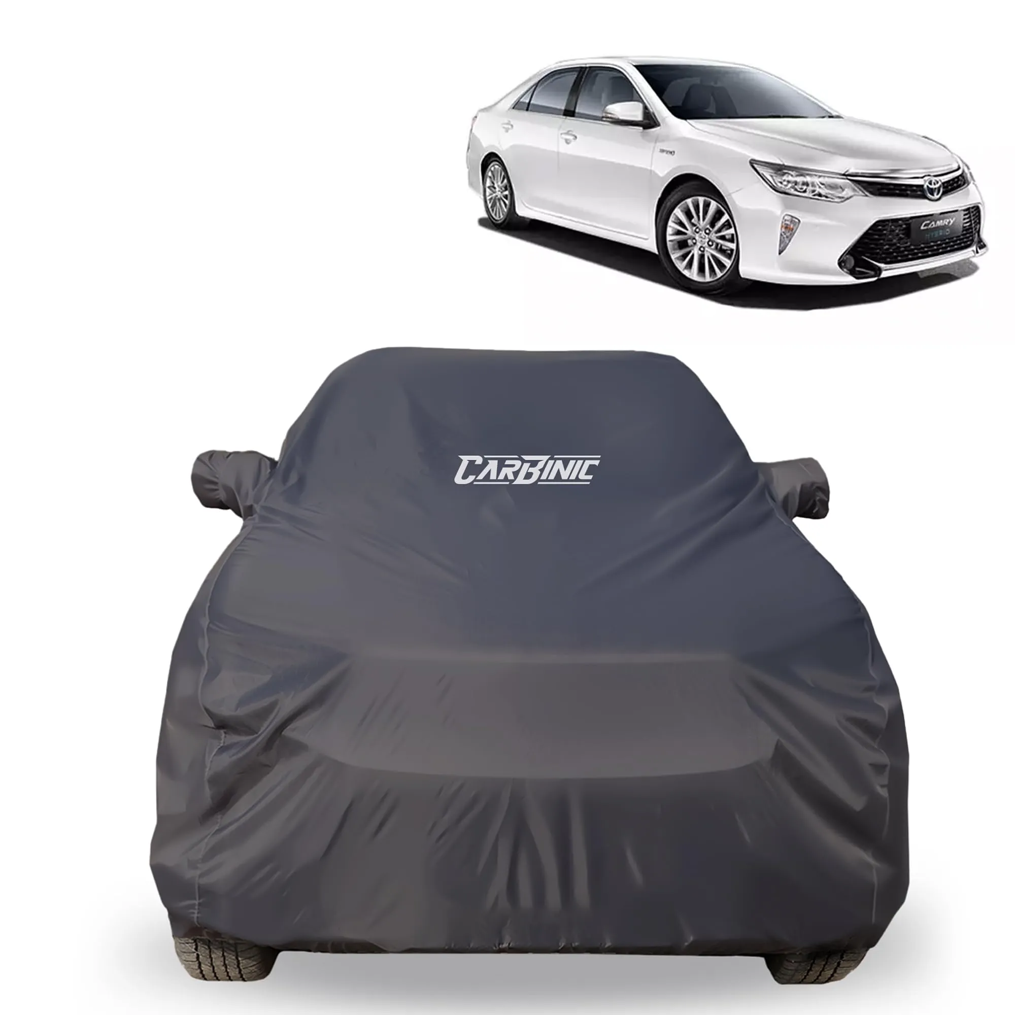 CARBINIC Car Body Cover for Toyota Camry 2017 | Water Resistant, UV Protection Car Cover | Scratchproof Body Shield | Dustproof All-Weather Cover | Mirror Pocket & Antenna | Car Accessories, Grey