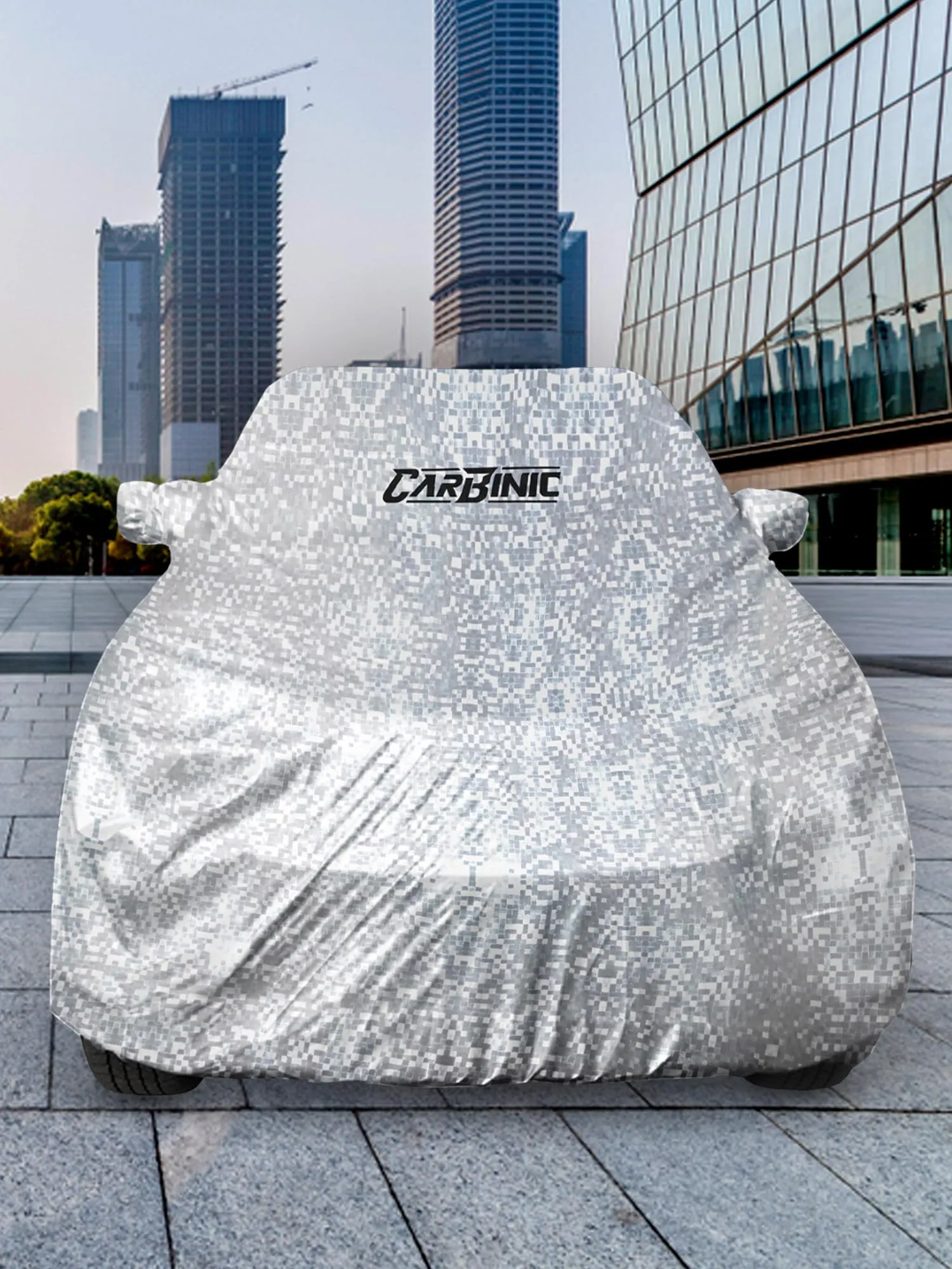 CARBINIC Waterproof Car Body Cover for Hyundai Exter 2023 | Dustproof, UV Proof Car Cover | Exter Car Accessories | Mirror Pockets & Antenna Triple Stitched | Double Layered Soft Cotton Lining, Silver