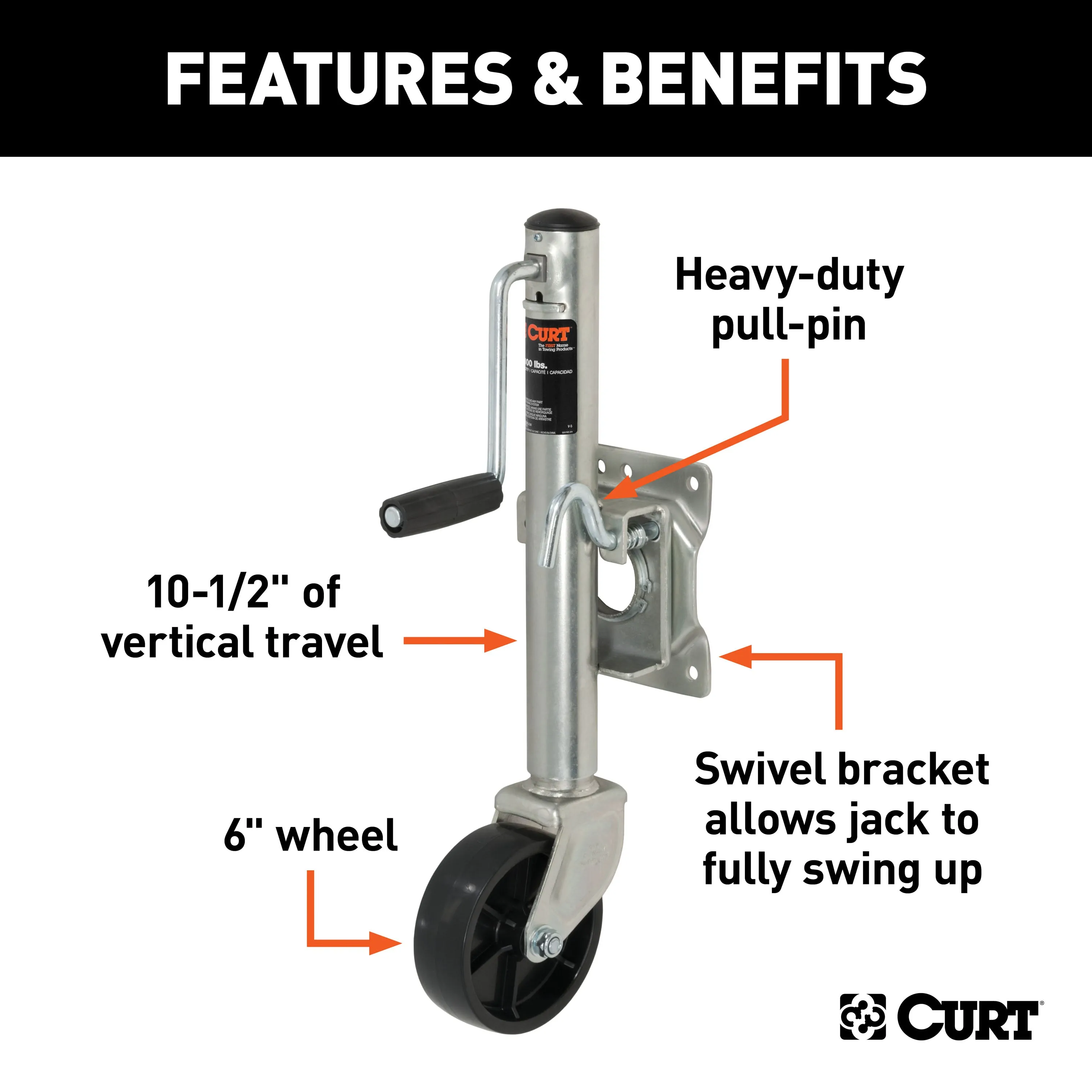 CURT 28100 Marine Jack with 6in. Wheel (1;000 lbs; 10in. Travel)