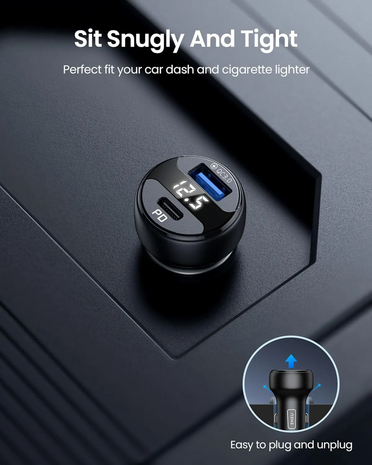 INIU USB C Car Charger 66W Total Fast Charging Car Charger All-Metal Mini PD QC 3.0 Dual Port (USB C  USB A)