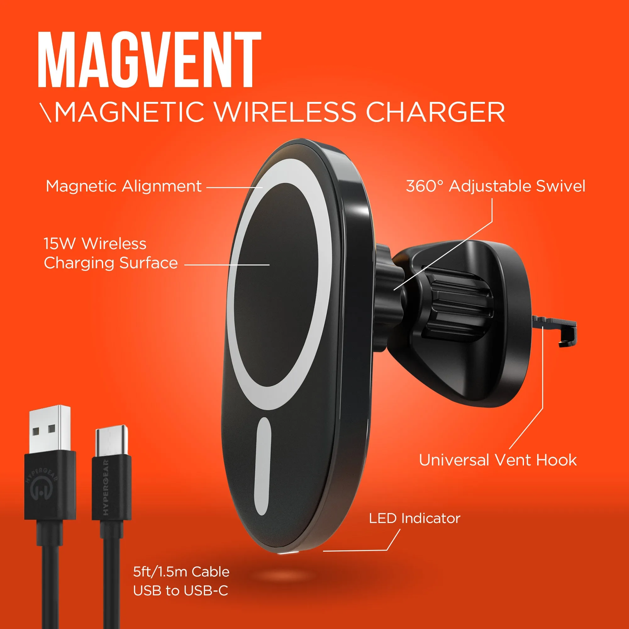 MagVent Magnetic Wireless Fast Charging Mount for iPhone 15, 14, 13 Series | Vent | Black