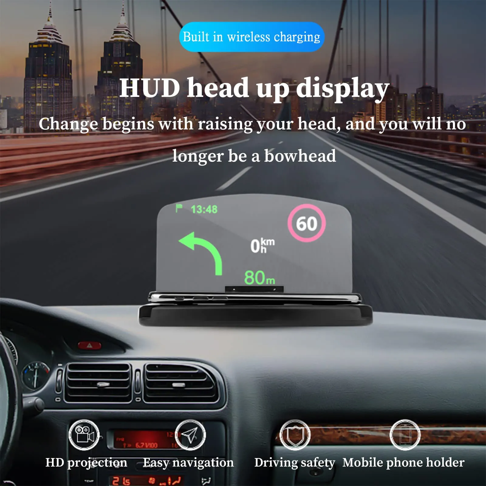 Mobile Holder HUD Car Navigation Projector - Head Up Display Intelligent Induction Wireless Fast Charging Charger - Phone Smartphone Holder Compatible with Android & iOS