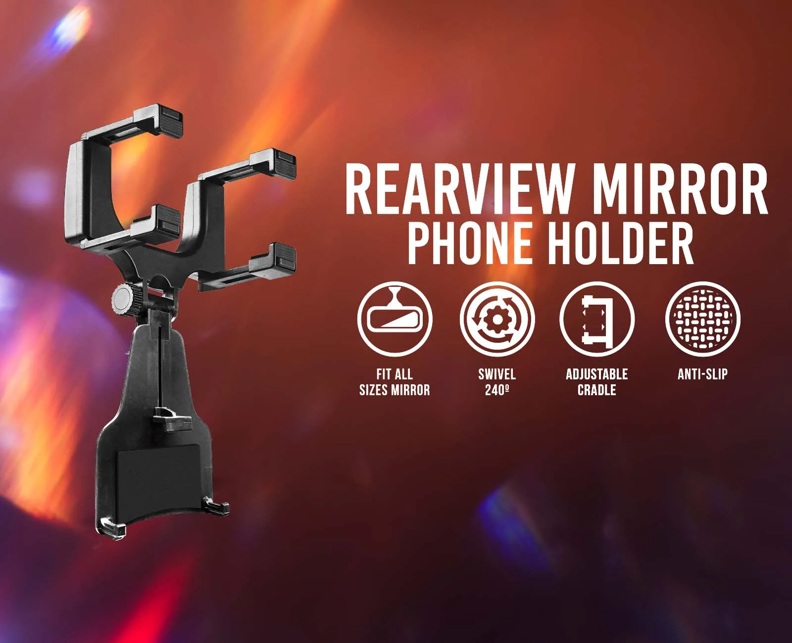 Rearview Mirror Phone Holder, 240° Swivel, Adjustable Cradle, Fits Devices Up to 5"