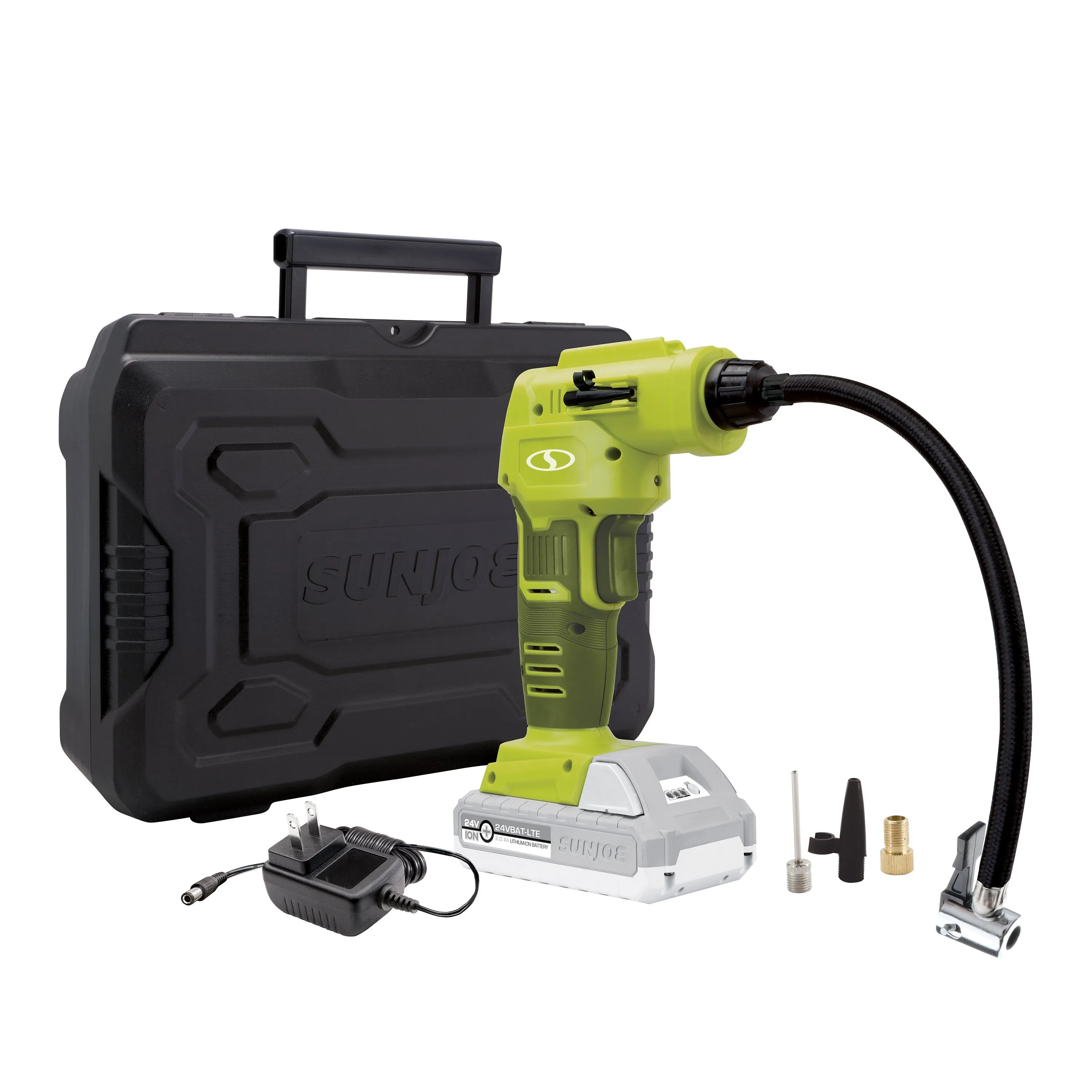 Sun Joe AIRJ24C-SJG Portable Digital Cordless Air Compressor with Nozzle Adapters and Case | 24-Volt | 2.0-Ah (Sun Joe Green)