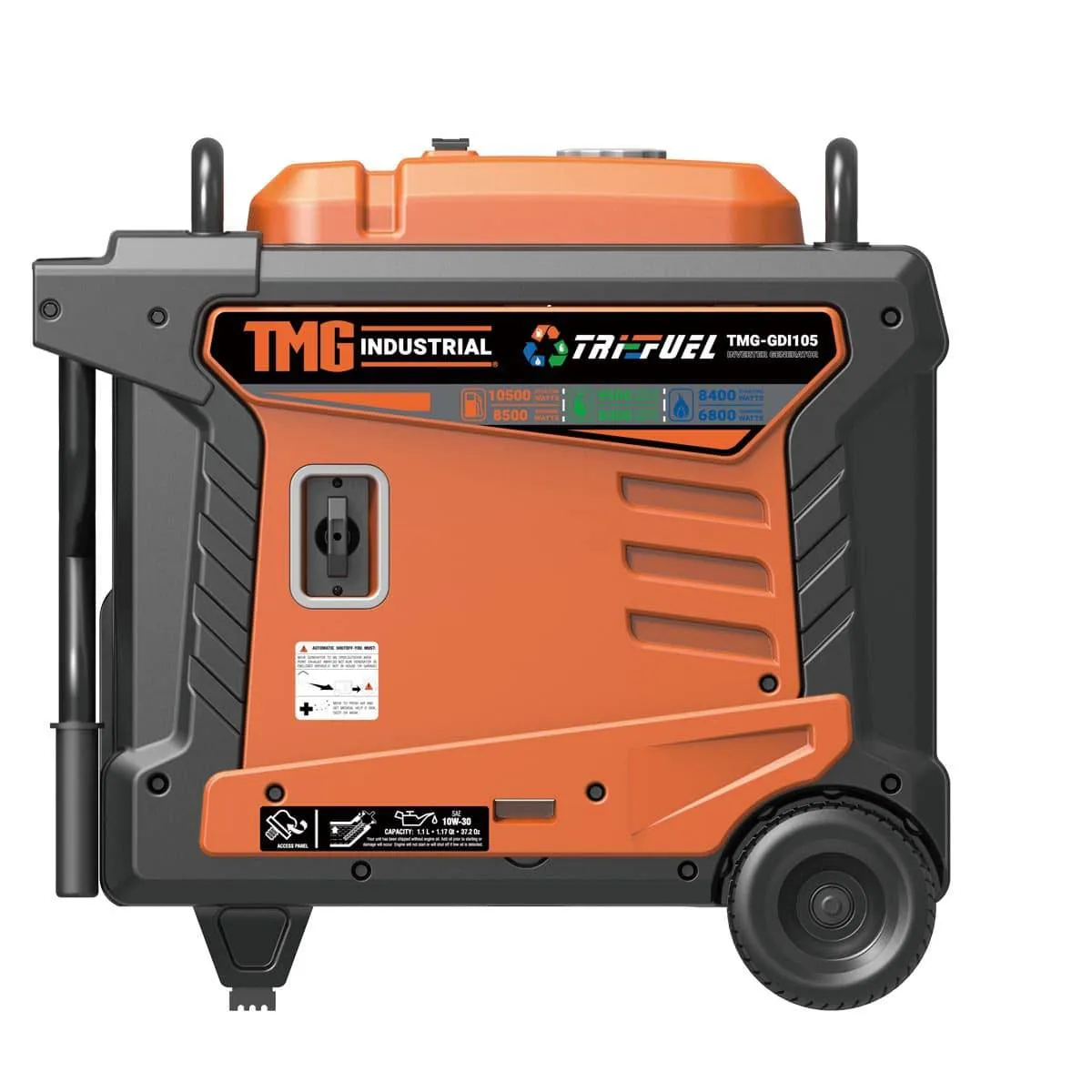 TMG Industrial 10500 Watt Digital Inverter Hybrid Portable Generator, Tri-Fuel Capabilities (Gas/LPG/NG), 8hrs 50% Load Run Time, CETL,ETL Certified For Canada/US, EPA emissions compliance, TMG-GDI105