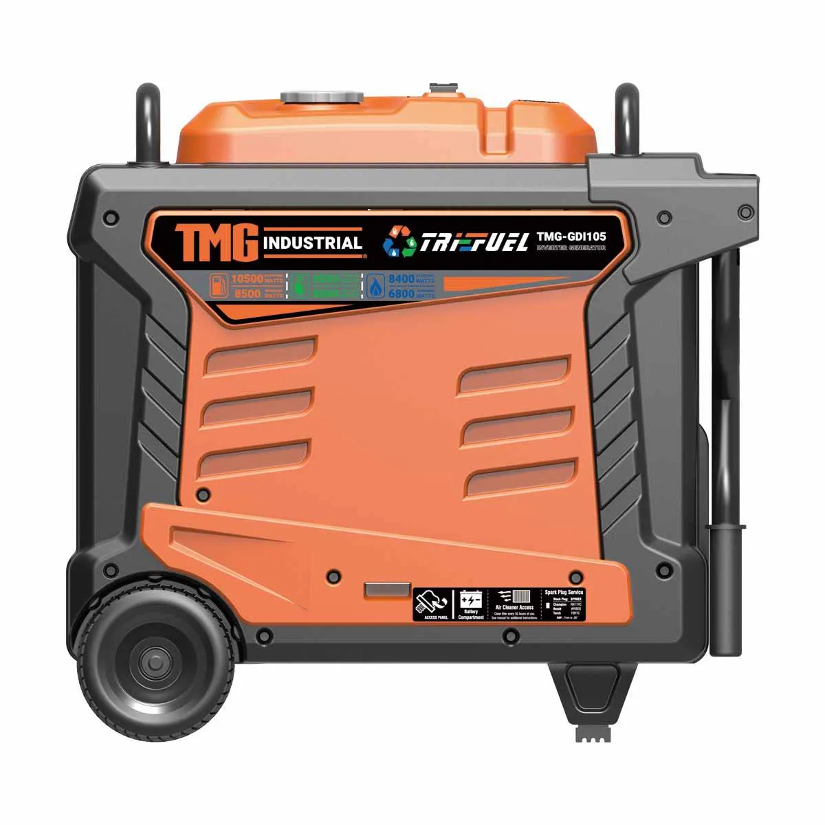 TMG Industrial 10500 Watt Digital Inverter Hybrid Portable Generator, Tri-Fuel Capabilities (Gas/LPG/NG), 8hrs 50% Load Run Time, CETL,ETL Certified For Canada/US, EPA emissions compliance, TMG-GDI105