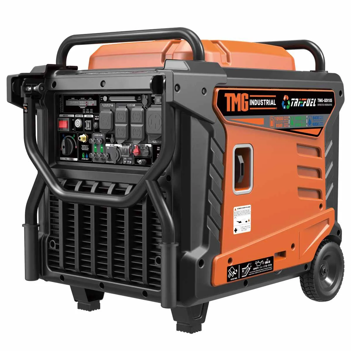 TMG Industrial 10500 Watt Digital Inverter Hybrid Portable Generator, Tri-Fuel Capabilities (Gas/LPG/NG), 8hrs 50% Load Run Time, CETL,ETL Certified For Canada/US, EPA emissions compliance, TMG-GDI105