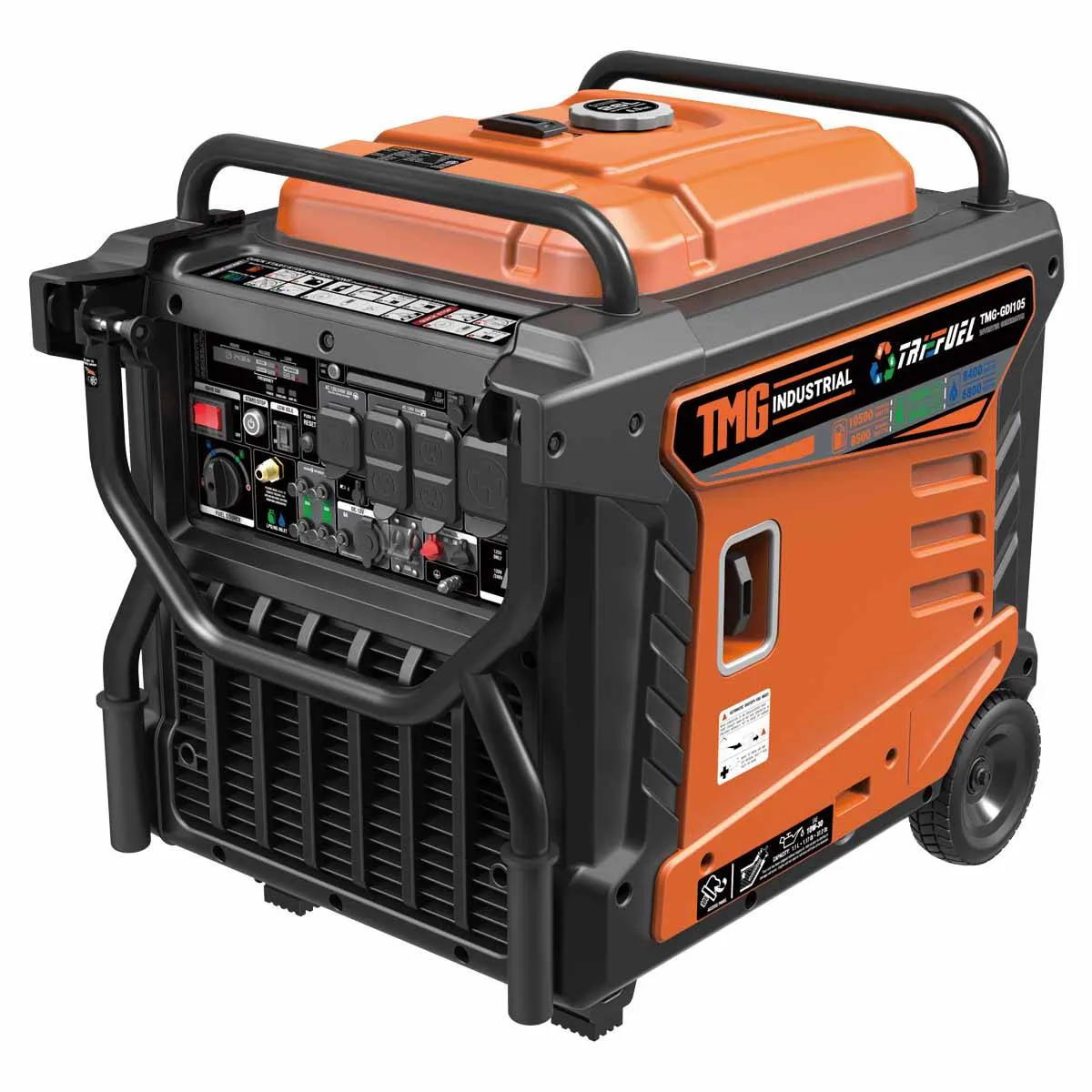 TMG Industrial 10500 Watt Digital Inverter Hybrid Portable Generator, Tri-Fuel Capabilities (Gas/LPG/NG), 8hrs 50% Load Run Time, CETL,ETL Certified For Canada/US, EPA emissions compliance, TMG-GDI105